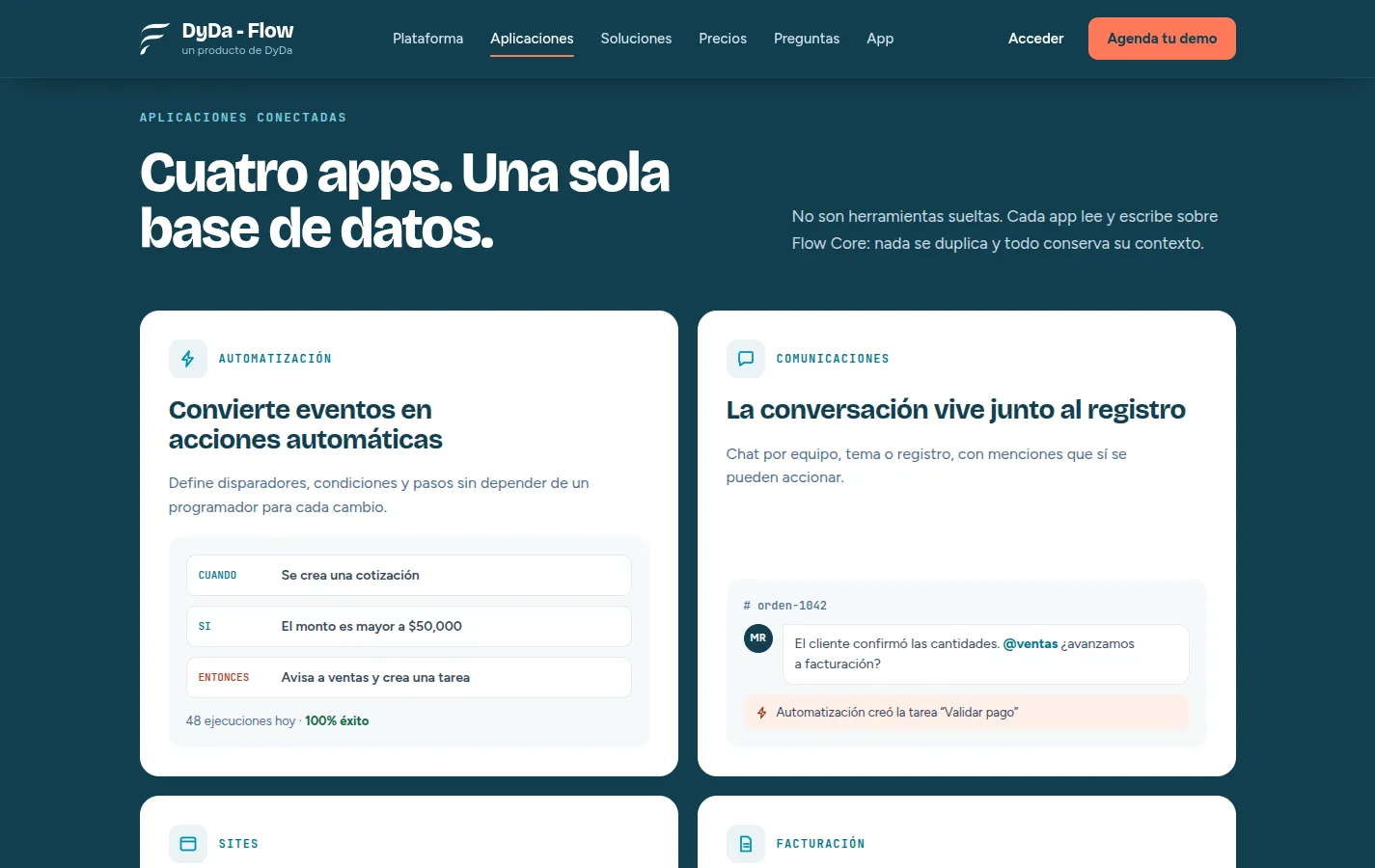 Panel de un sistema web: módulos de automatización y comunicaciones